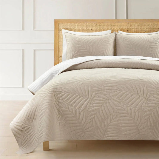Full/Queen Lightweight Fern Leaf Reversible 3-PC White Beige Cotton Quilt Set FastFurnishings