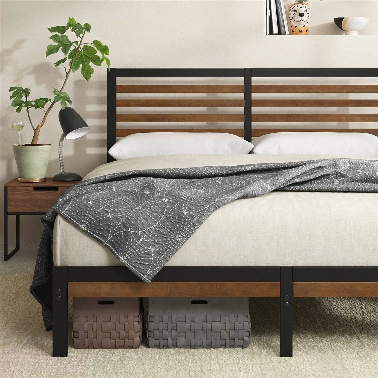 Full Metal Platform Bed Frame with Bamboo Wood Slat Headboard and Footboard Unbranded