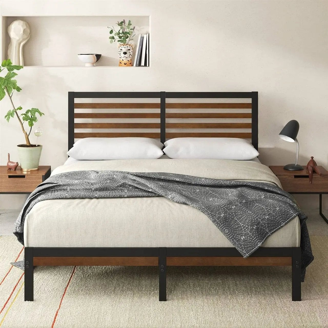 Full Metal Platform Bed Frame with Bamboo Wood Slat Headboard and Footboard Unbranded