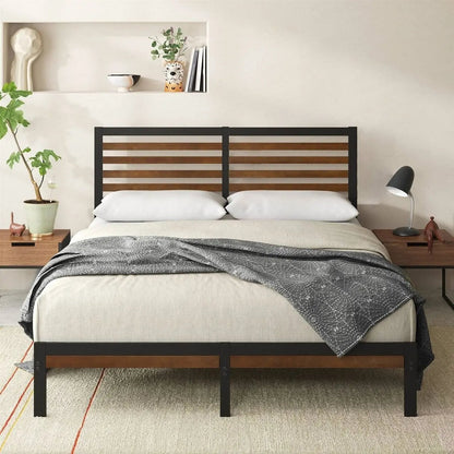 Full Metal Platform Bed Frame with Bamboo Wood Slat Headboard and Footboard Unbranded