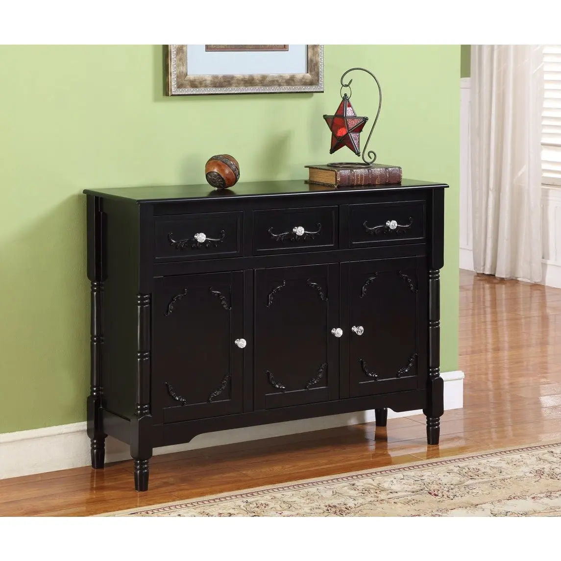 Solid Wood Black Finish Sideboard Console Table with Storage Drawres FastFurnishings