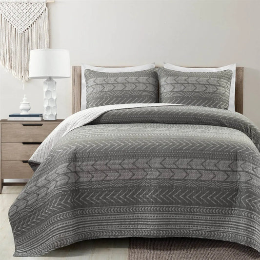 King Size Scandinavian Dark Grey Chevron Stripe Reversible Cotton Quilt Set FastFurnishings