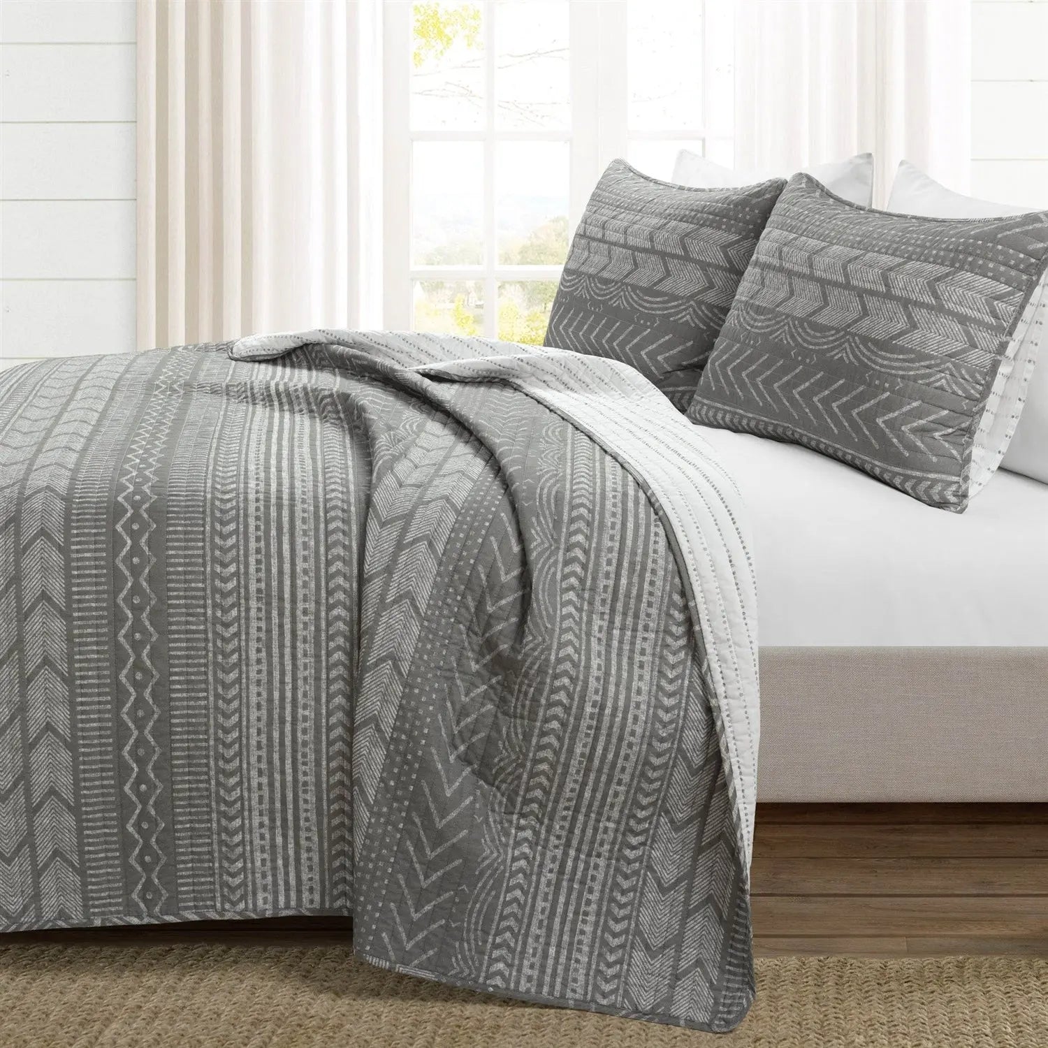 King Size Scandinavian Dark Grey Chevron Stripe Reversible Cotton Quilt Set FastFurnishings