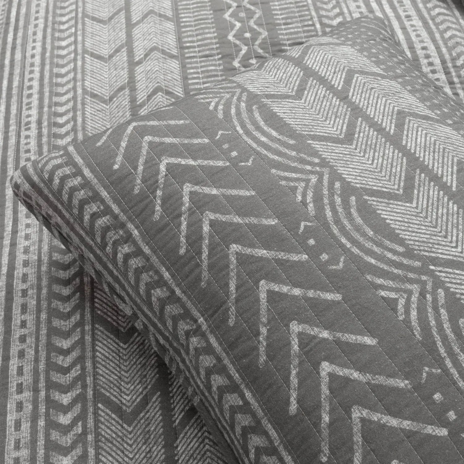 King Size Scandinavian Dark Grey Chevron Stripe Reversible Cotton Quilt Set FastFurnishings