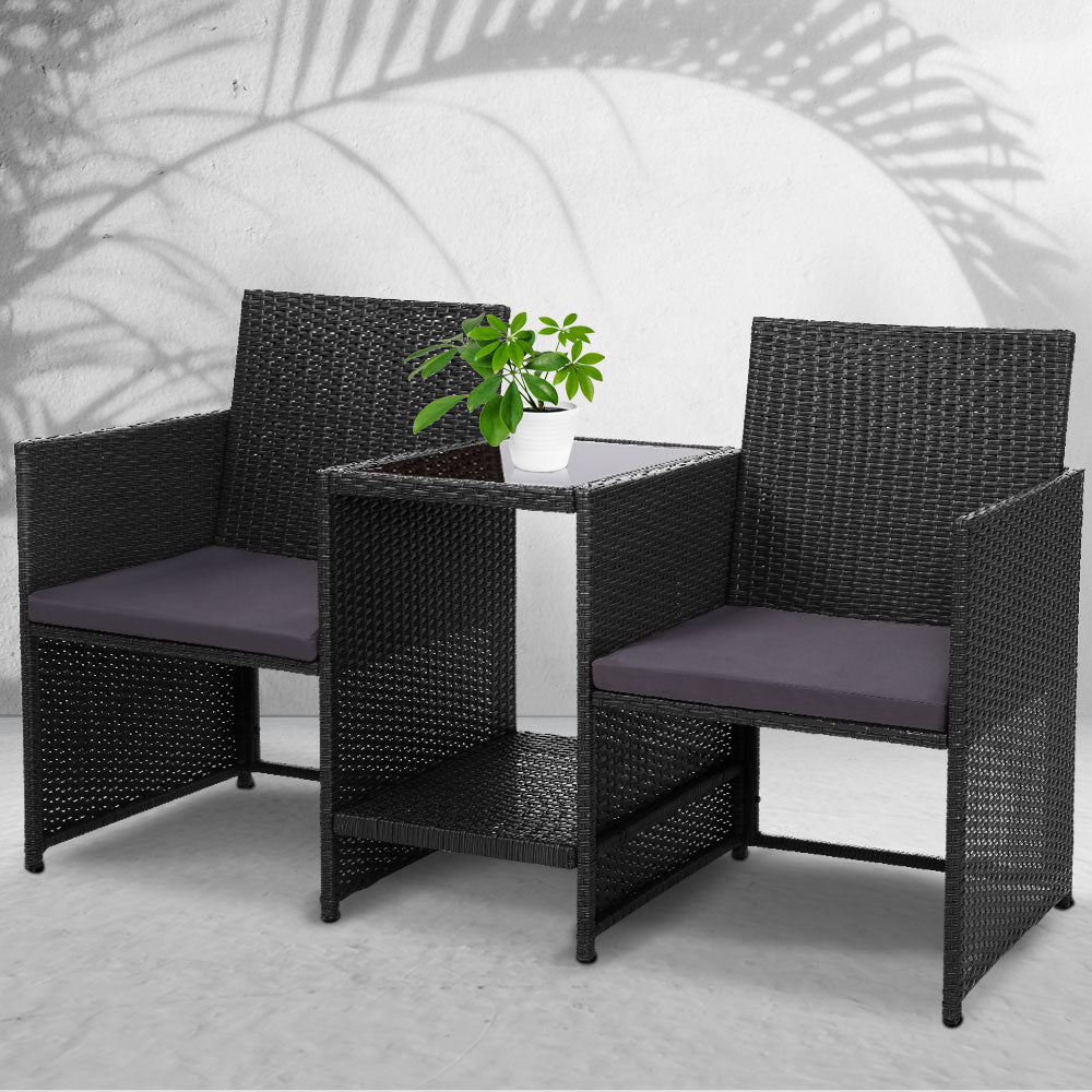 NNEDSZ Outdoor Setting Wicker Loveseat Birstro Set Patio Garden Furniture Black-3