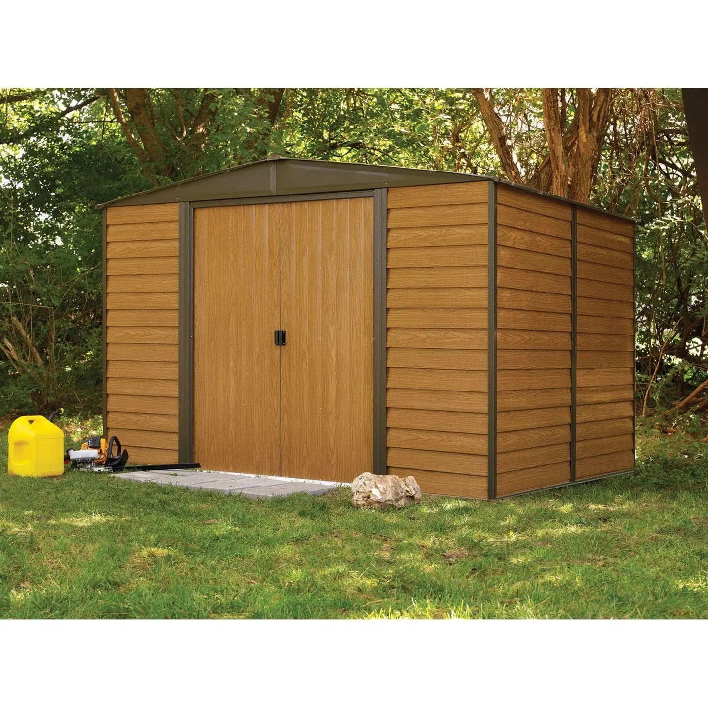 Outdoor 10 x 12-ft Steel Storage Shed With Woodgrain Panels FastFurnishings