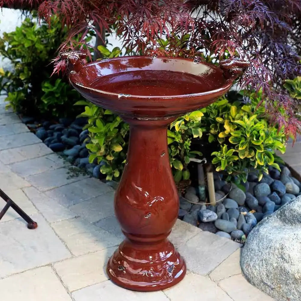 Outdoor Dark Red Ceramic Birdbath in Antique Finish FastFurnishings