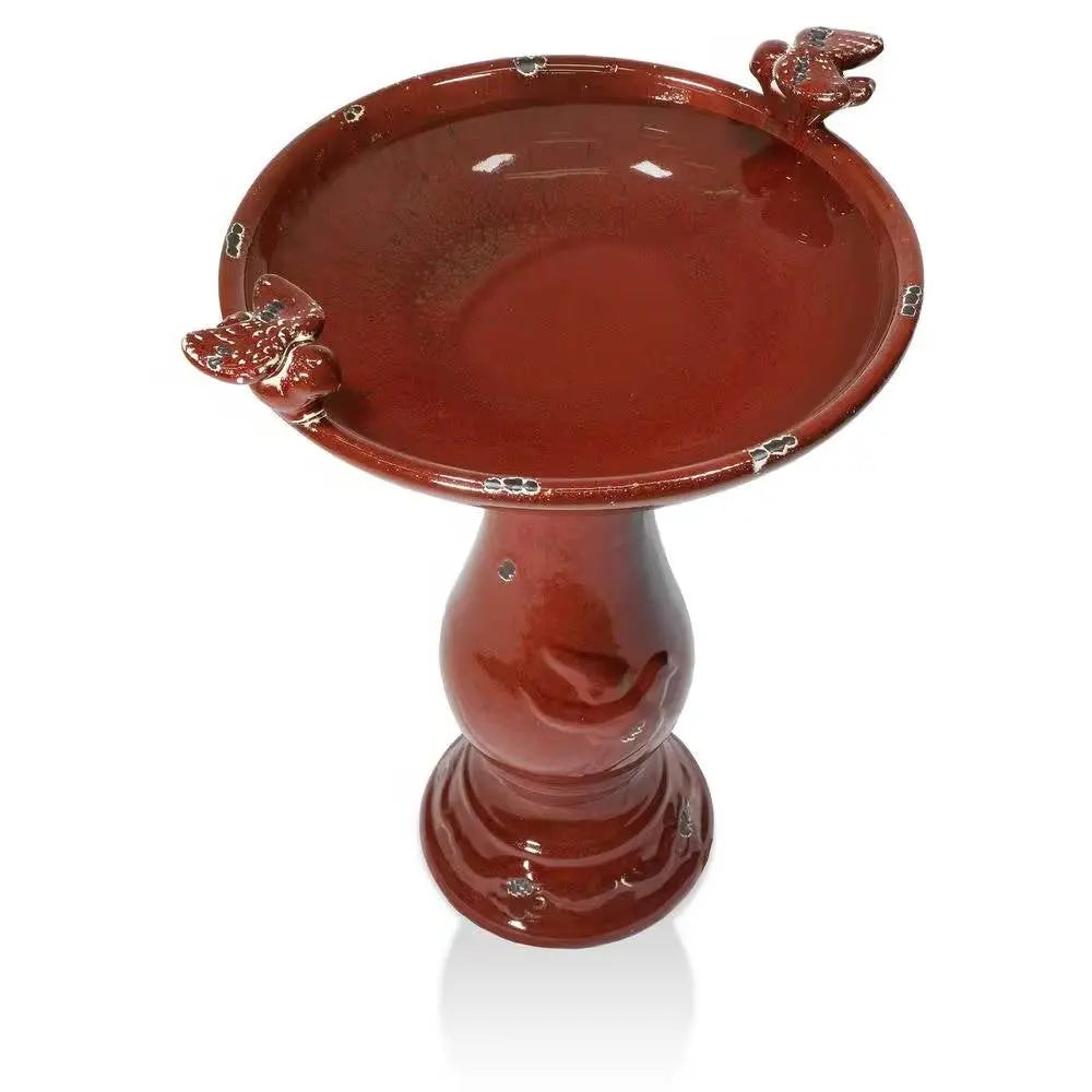 Outdoor Dark Red Ceramic Birdbath in Antique Finish FastFurnishings