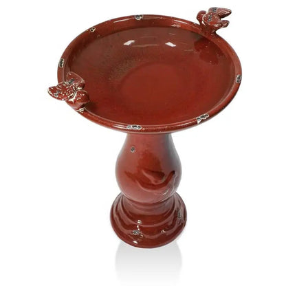 Outdoor Dark Red Ceramic Birdbath in Antique Finish FastFurnishings