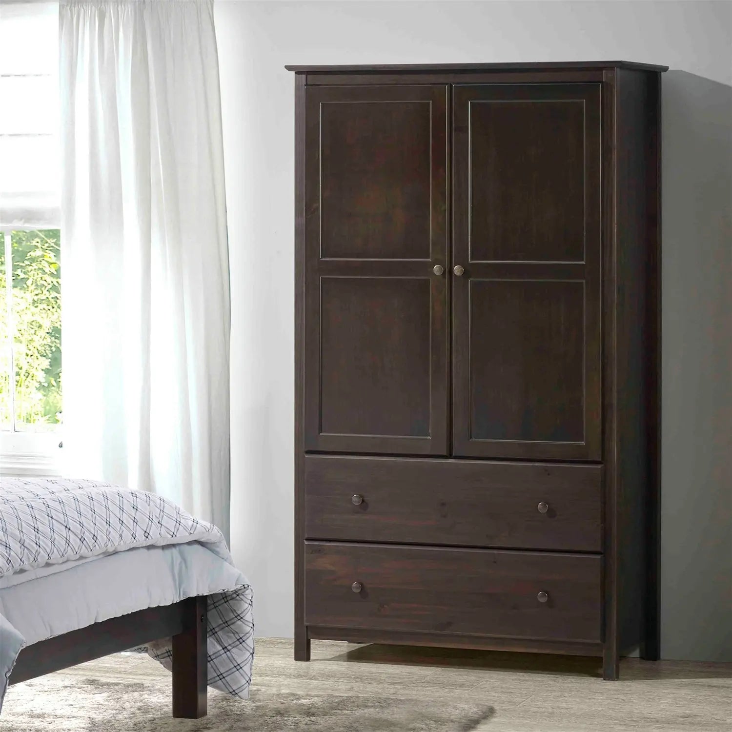 Brown Espresso Solid Wood Bedroom Armoire Wardrobe Cabinet with Hanging Bar FastFurnishings