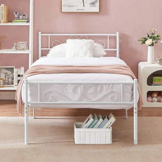 Twin size White Metal Platform Bed Frame with Headboard and Footboard FastFurnishings