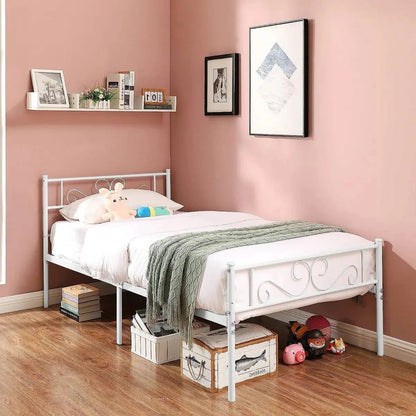 Twin size White Metal Platform Bed Frame with Headboard and Footboard FastFurnishings