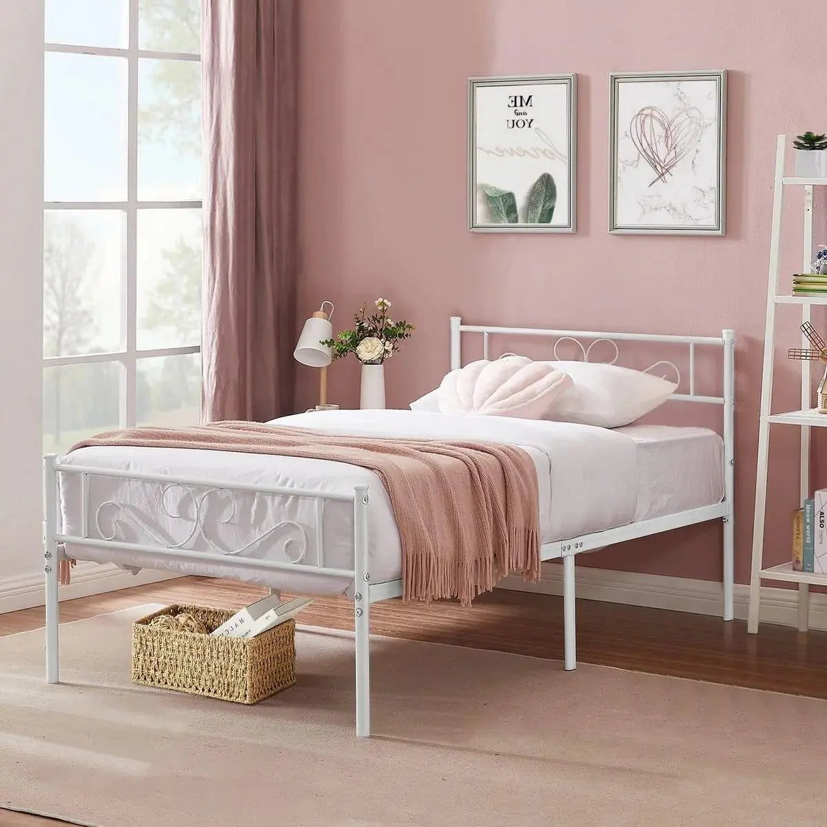 Twin size White Metal Platform Bed Frame with Headboard and Footboard FastFurnishings