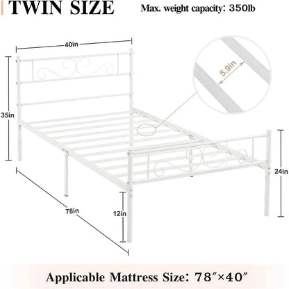 Twin size White Metal Platform Bed Frame with Headboard and Footboard FastFurnishings