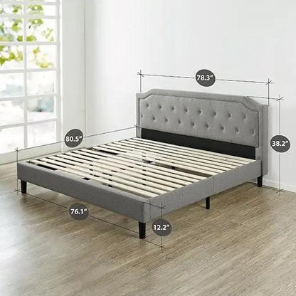 King size Grey Upholstered Platform Bed with Classic Button Tufted Headboard FastFurnishings