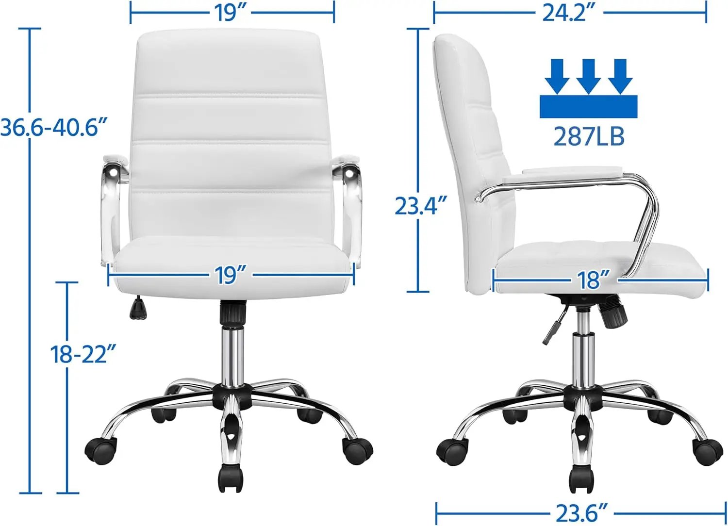 Office Desk Chair Mid-Back Leather Computer Chair Height Adjustable Ergonomic Executive Chair W/Lumbar Support Comfy Thick Padded Armrests and Seat, White ShipItFurniture