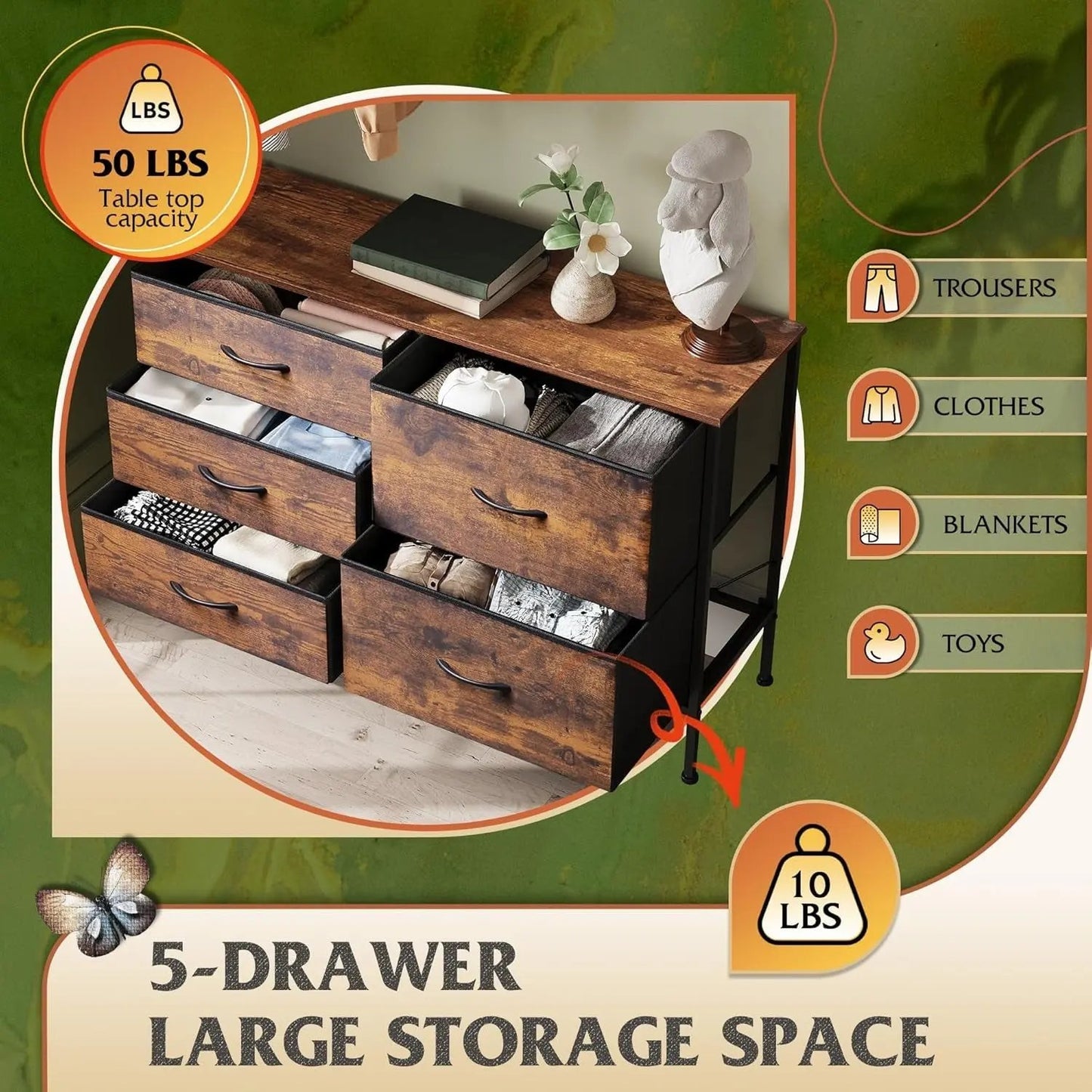 Dresser for Bedroom with 5 Drawers, Wide Bedroom Dresser with Drawer Organizers, Chest of Drawers, Fabric Dresser for Living Room, Closet, Hallway, Rustic Brown Wood Grain Print ShipItFurniture