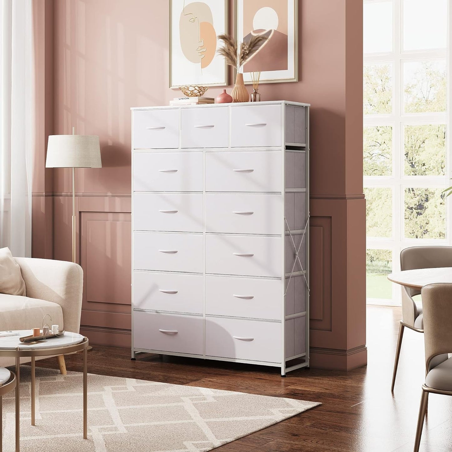 Tall Dresser for Bedroom with 13 Drawers, Storage Dresser Organizer Unit, Fabric Dresser for Bedroom, Closet, Chest of Drawers with Fabric Bins, Steel Frame, Wood Top, White-1