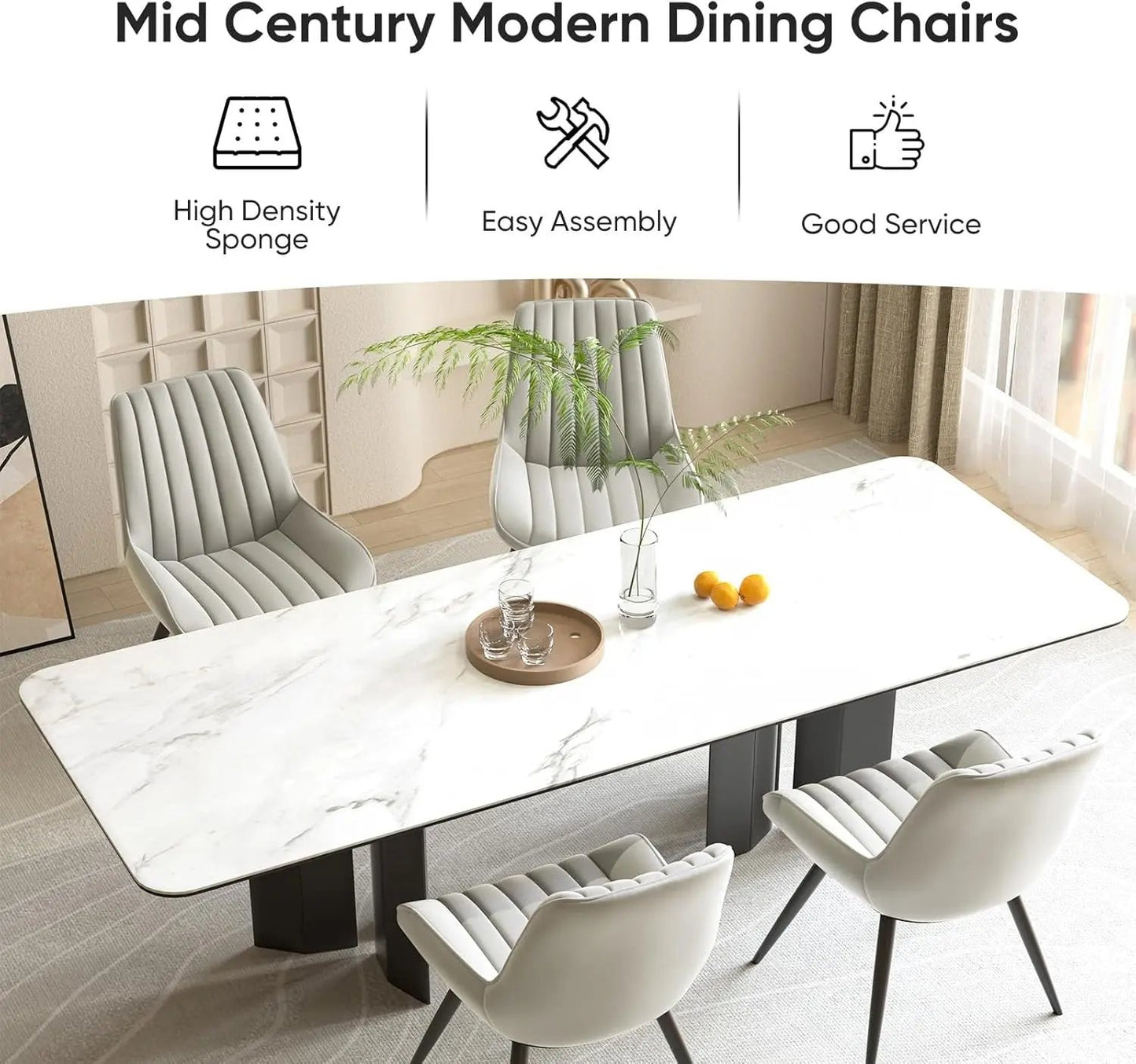 Modern Dining Chairs Set of 4, Comfy Dining Room Chairs with Thick Cushions, Upholstered Fabric Kitchen Side Chairs with Metal Legs, Grey-3