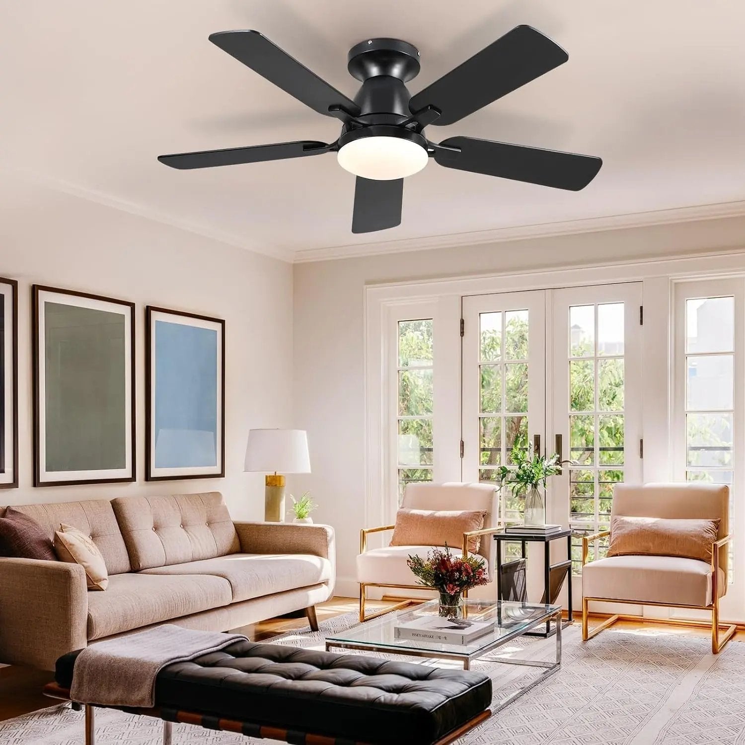 Ceiling Fans with Lights- 46" Low Profile Indoor Ceiling Fan with Light and Remote/App Control, Flush Mount, LED Dimmable DC Reversible Modern Ceiling Fan for Bedroom（Black） ShipItFurniture