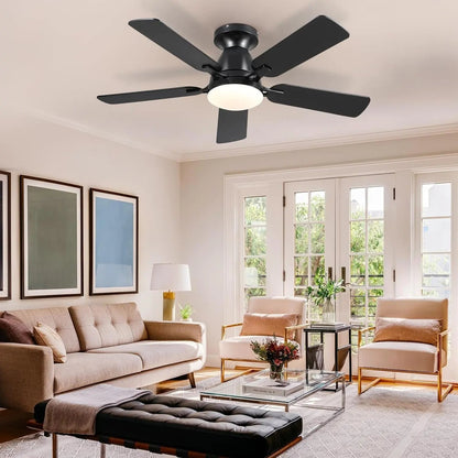 Ceiling Fans with Lights- 46" Low Profile Indoor Ceiling Fan with Light and Remote/App Control, Flush Mount, LED Dimmable DC Reversible Modern Ceiling Fan for Bedroom（Black） ShipItFurniture