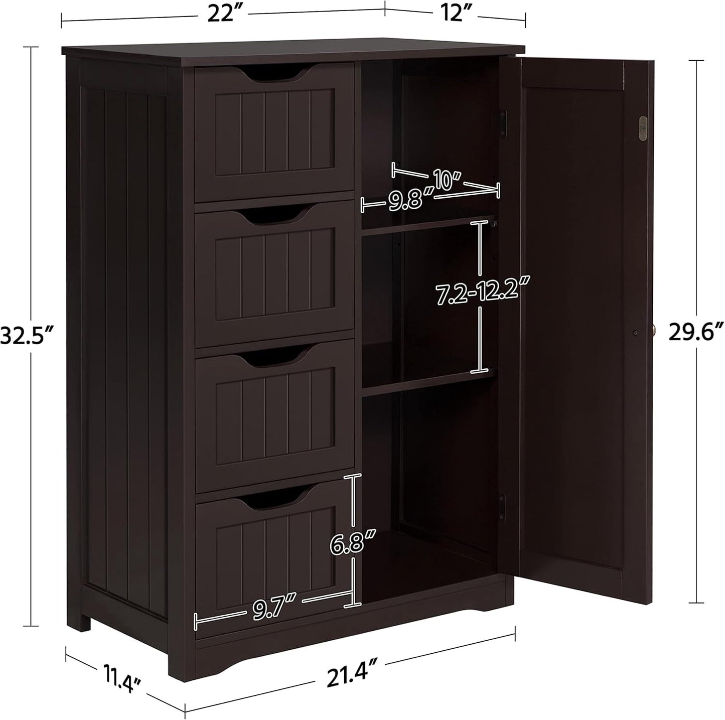 Brown Wooden Bathroom Cabinet with 4 Drawers Cupboard-3