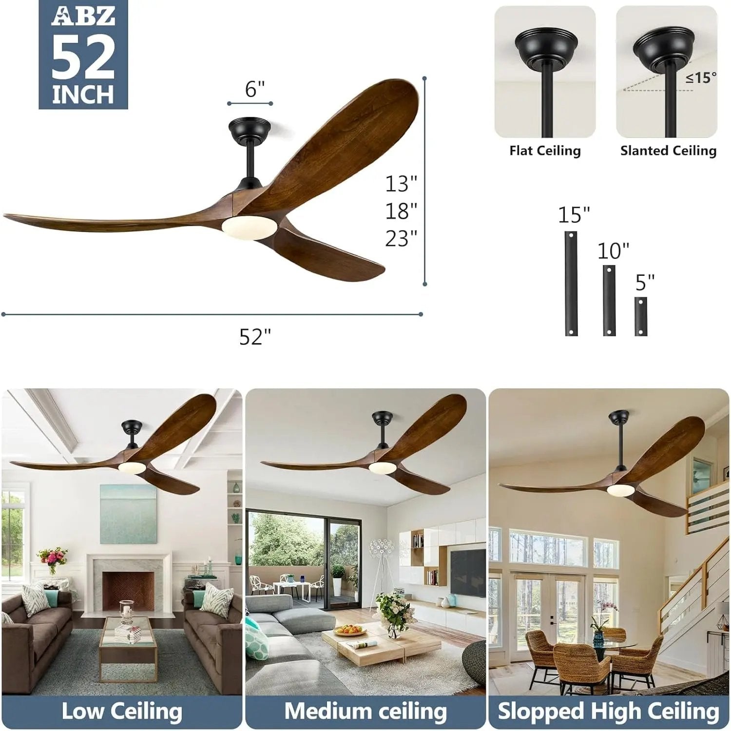 FiftyTwoInch WalnutWood CeilingFan WithRemote IntegratedLights HighAirflow SolidWood-4