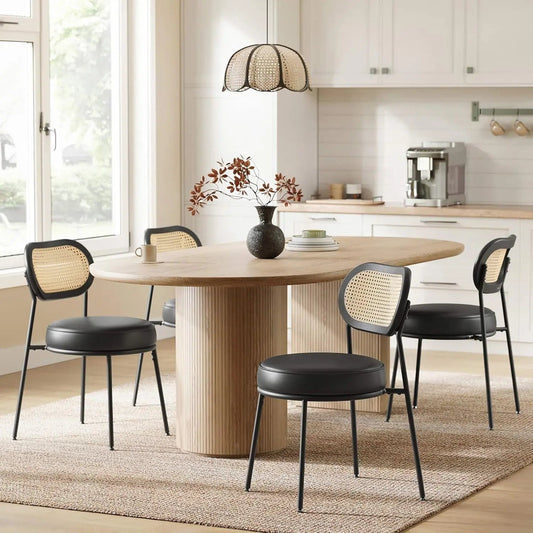 Dining Chairs, Set of 4 Dining Room Chairs with Boho PE Rattan Back, Synthetic Leather Upholstered Accent Chairs for Kitchen Living Room, Ink Black ULDC160B24-0