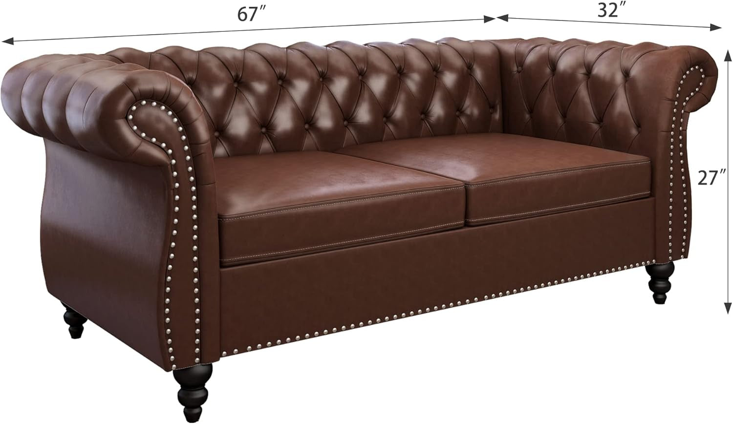 3 Piece Living Room Set, Chesterfield Leather Sofa Loveseat Couch Chair with Scroll Arms and Nailhead for Living Room, Office (Dark Brown)-4