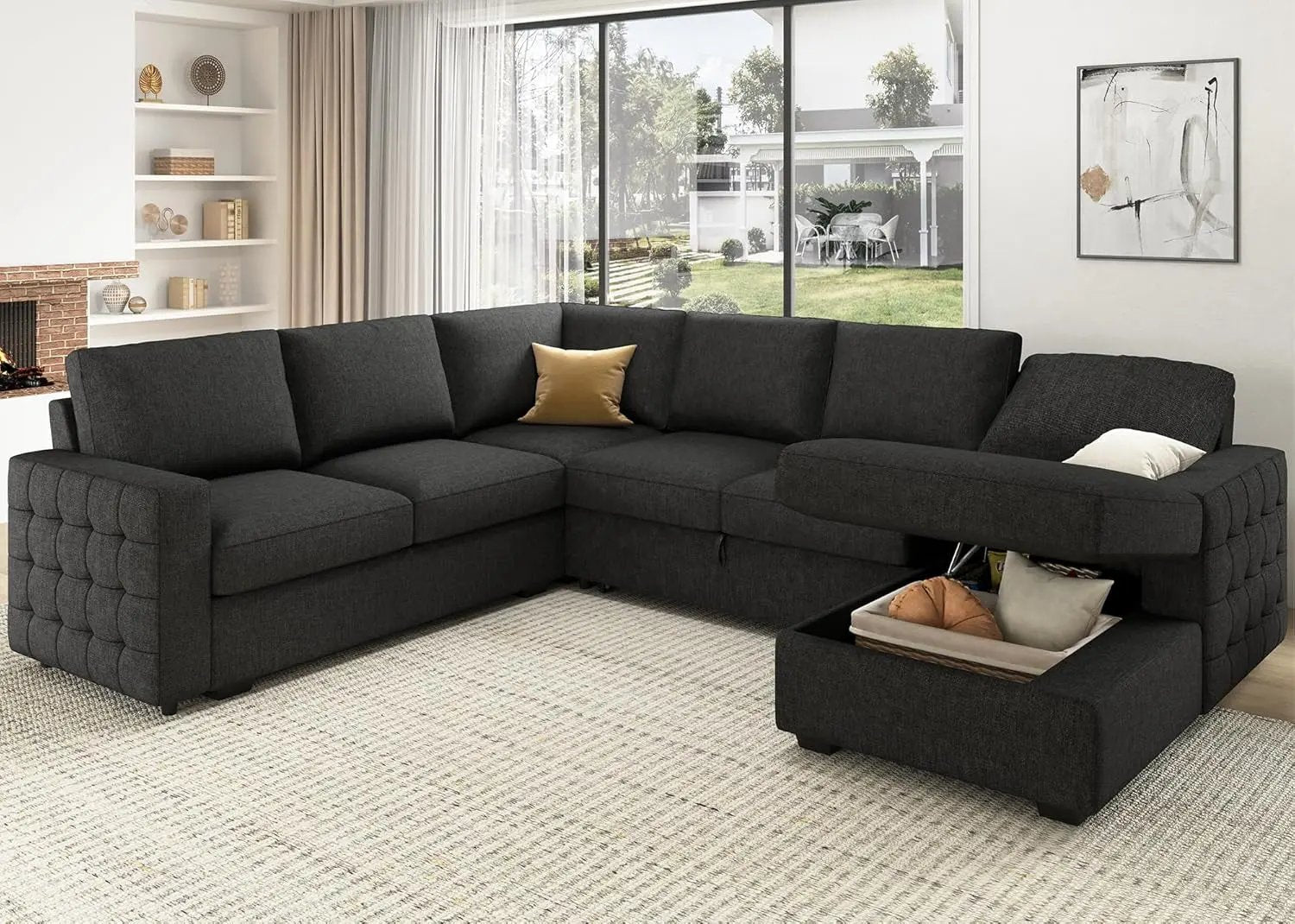 Sectional Sleeper Sofa with Pull Out Bed, Reversible Sectional Sleeper Couch with Storage Chaise U Shape Sectional Sofa, Dark Grey-0