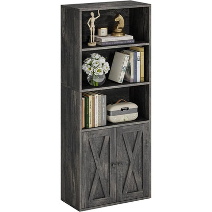 Industrial Bookshelves and Bookcases with Doors 11.8 in Depth Floor Standing 5 Shelf Display Storage Shelves Bookcase Home Decor Furniture for Home, Office, Living Room, Bedroom ShipItFurniture