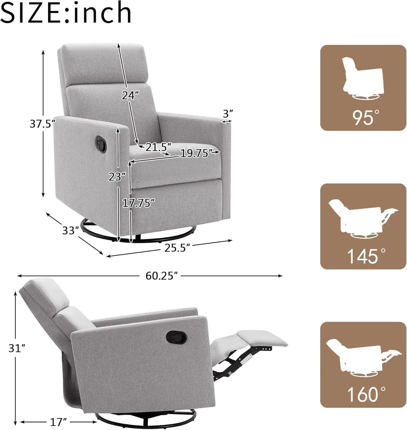 Modern Upholstered Manual Swivel Recliner Chair W/Headsupport Adjustable Nursery Glider Rocker for Living Room, Bedroom Gray-1