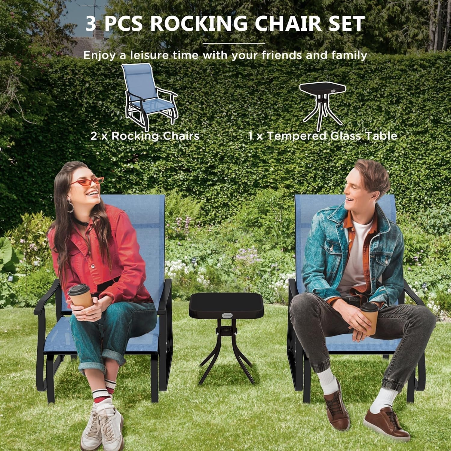 3-Piece Outdoor Gliders Set Bistro Set with Steel Frame, Tempered Glass Top Table for Patio, Garden, Backyard, Lawn, Light Blue ShipItFurniture