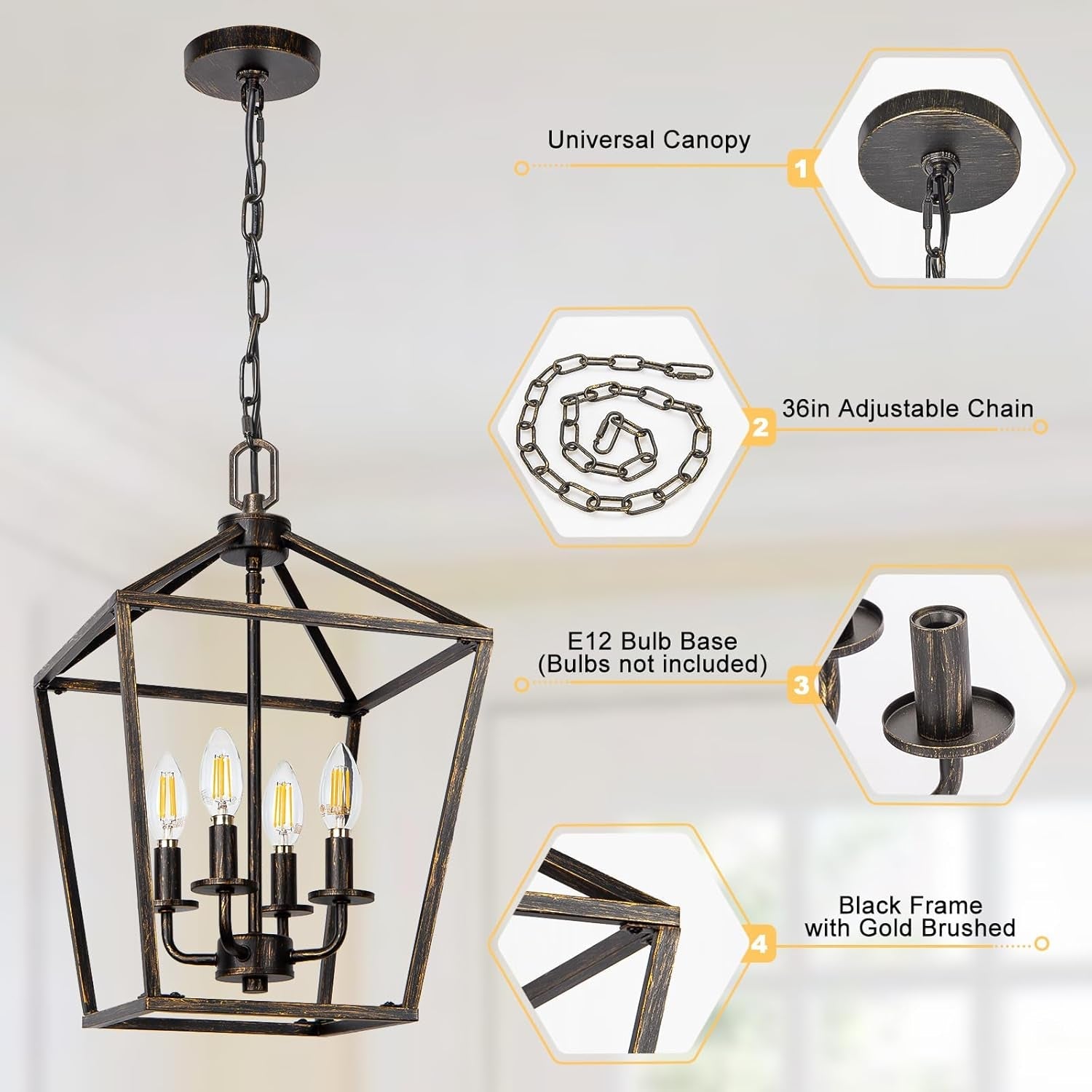 4 Light Chandelier Lighting, Industrial Ceiling Light Black Lantern with Brushed Gold, Geometric Metal Hanging Light Fixture with Adjustable Chain, E12 Base for Entryway Kitchen Island, Indoor Use ShipItFurniture