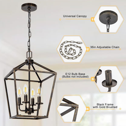 4 Light Chandelier Lighting, Industrial Ceiling Light Black Lantern with Brushed Gold, Geometric Metal Hanging Light Fixture with Adjustable Chain, E12 Base for Entryway Kitchen Island, Indoor Use ShipItFurniture