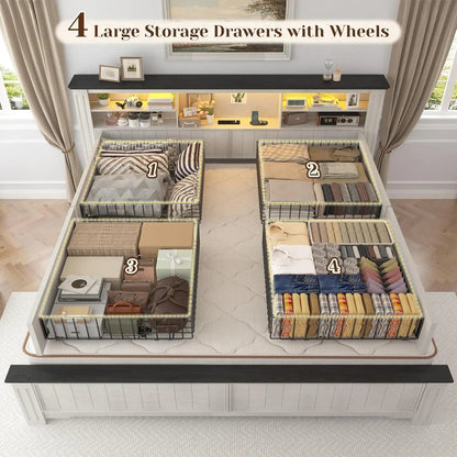 King Size Bed Frame With Storage Drawers And LED Charging Station For Bedroom No Box Spring Needed-4