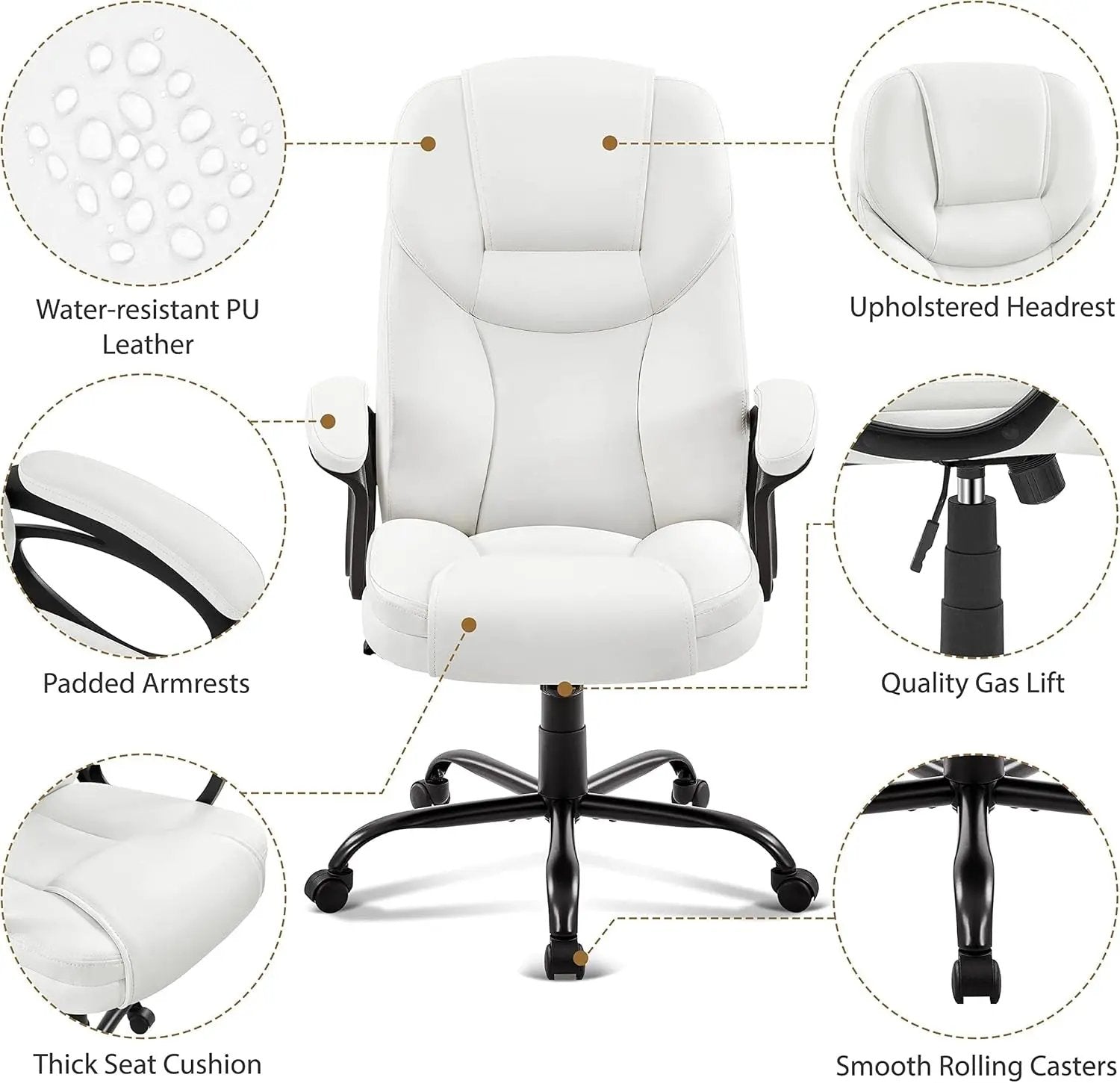 High Back Executive Chair Faux Leather Managerial Chair Ergonomic Task Chair Computer Meeting Chair Large Seat Swivel Chair, Sturdy Metal Base,White ShipItFurniture