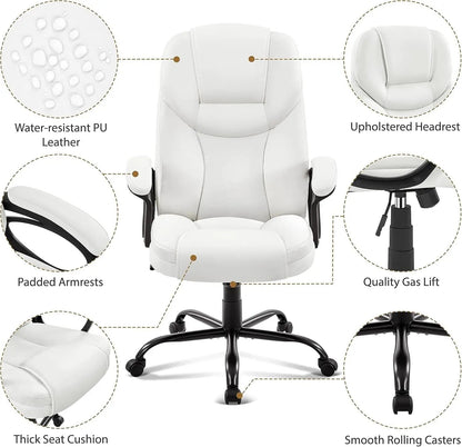 High Back Executive Chair Faux Leather Managerial Chair Ergonomic Task Chair Computer Meeting Chair Large Seat Swivel Chair, Sturdy Metal Base,White ShipItFurniture