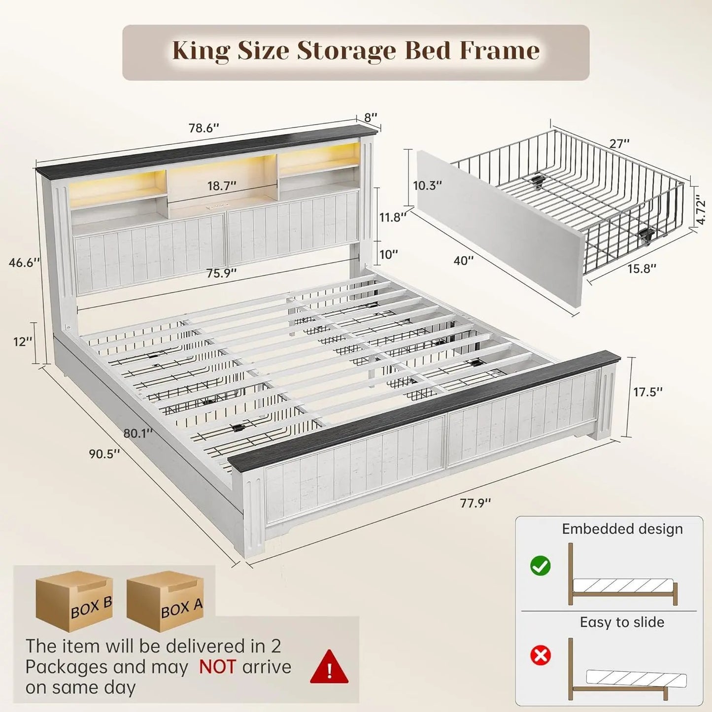 King Size Bed Frame With Storage Drawers And LED Charging Station For Bedroom No Box Spring Needed-1