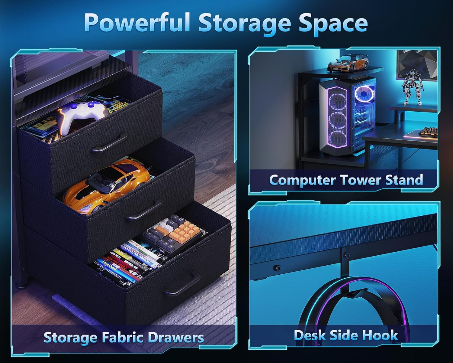 59 Inch Gaming Desk with USB Charging Ports & LED Light- Reversible Computer Desk with Storage Shelves & Monitor Stand, Modern Gamer Desk Table with Fabric Drawers & Side Hook, Carbon Fiber Black ShipItFurniture