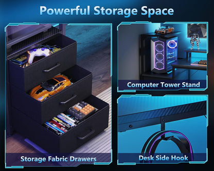 59 Inch Gaming Desk with USB Charging Ports & LED Light- Reversible Computer Desk with Storage Shelves & Monitor Stand, Modern Gamer Desk Table with Fabric Drawers & Side Hook, Carbon Fiber Black ShipItFurniture