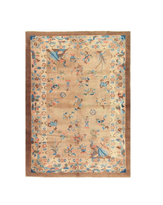 Canvello Genuine Handmade Rug Light Brown Vintage Chinese Art Deco Area Rug for Living Room Home Decor Antique Rug - 4'1'' X 5'11''-0