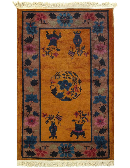 Canvello Genuine Handmade Rug Orange Vintage Chinese Art Deco Area Rug for Living Room Home Decor Antique Rug - 3'1'' X 4'9''-0