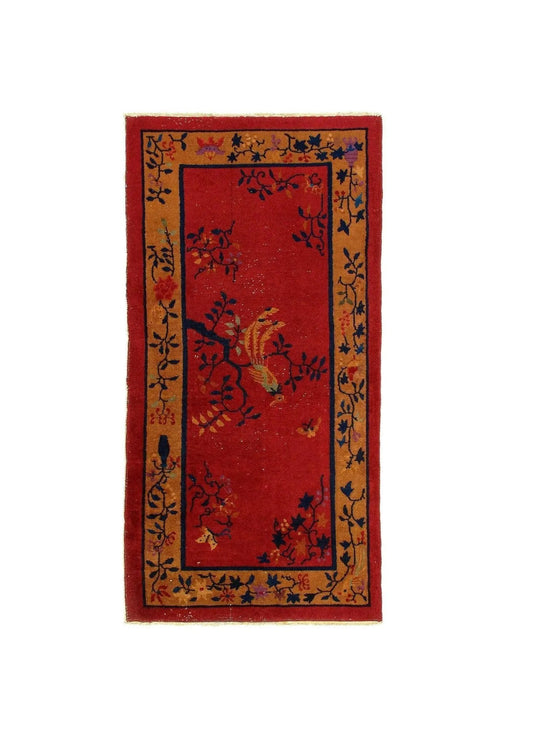 Canvello Genuine Handmade Rug Red Vintage Chinese Floral Art Deco Area Rug for Living Room Home Decor Antique Rug - 2'11'' X 5'11''-0