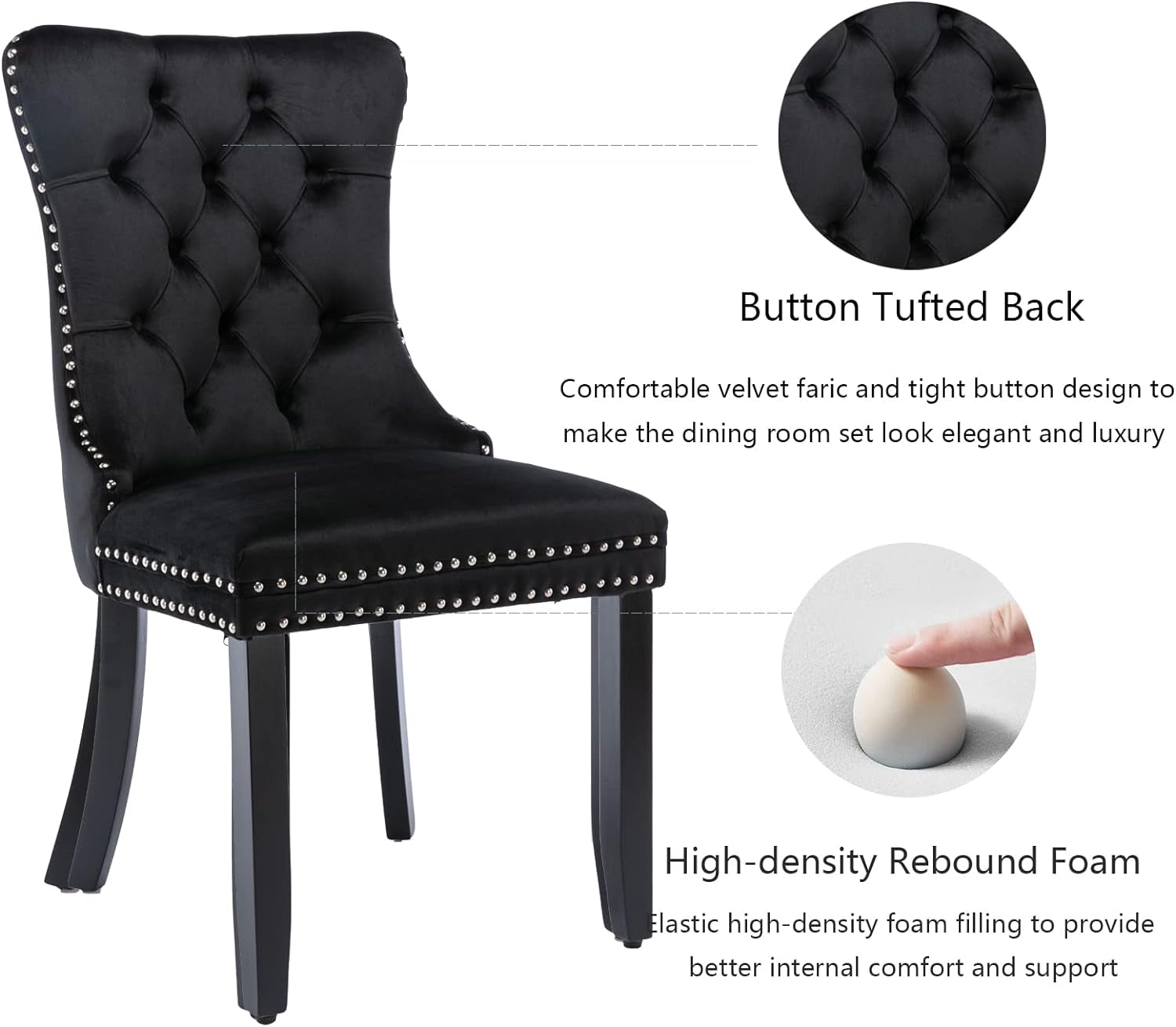 Black Velvet Dining Chairs Set of 4, Upholstered Dining Room Chairs with Back Ring Pull Trim and Solid Wood Legs,Modern Dining Chairs Perfect for Dining Room,Living Room,Kitchen(Black)-3