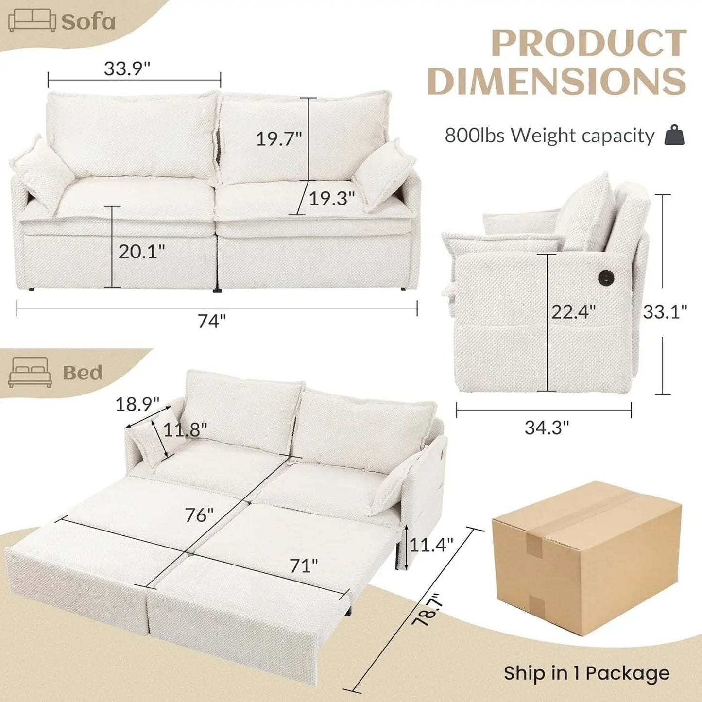 Convertible King Sofa Bed with USB Charging and Pockets ShipItFurniture