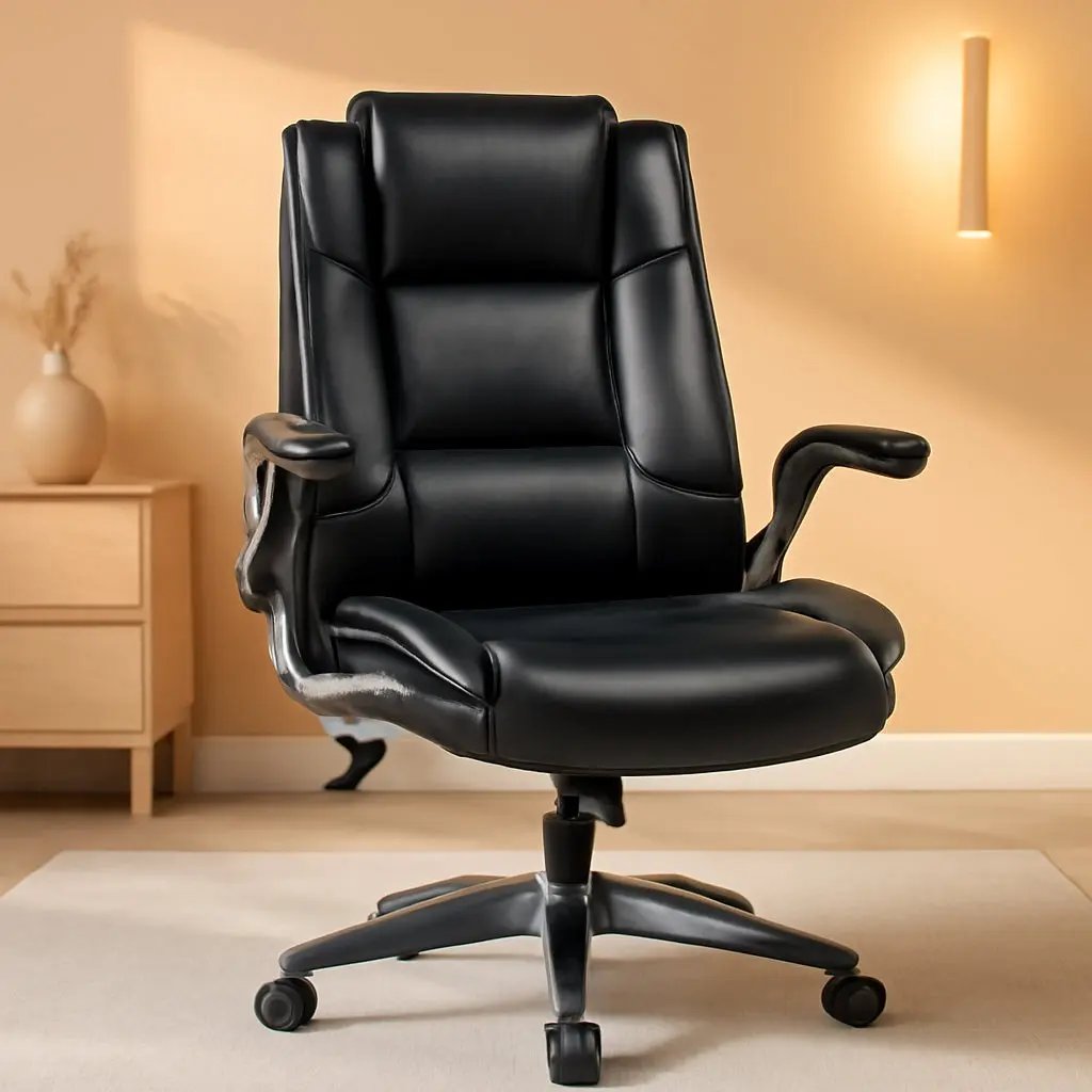 Leather Executive Office Chair - High Back Home Computer Desk Chair with Padded Flip-Up Arms, Adjustable Tilt Lock, Swivel Rolling Ergonomic Chair for Adult Working Study, Black-0