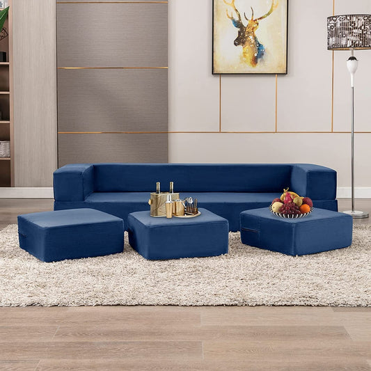 Blue Velvet Futon Sofa Bed with Ottomans ShipItFurniture