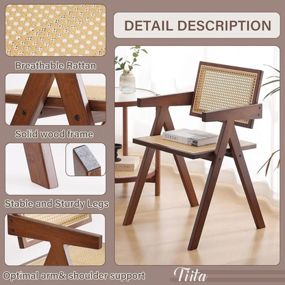 Rattan Dining Chairs Set of 2, Mid Century Modern Armchairs, Wooden Kitchen Chairs for Dining Room, Living Room, Walnut ShipItFurniture