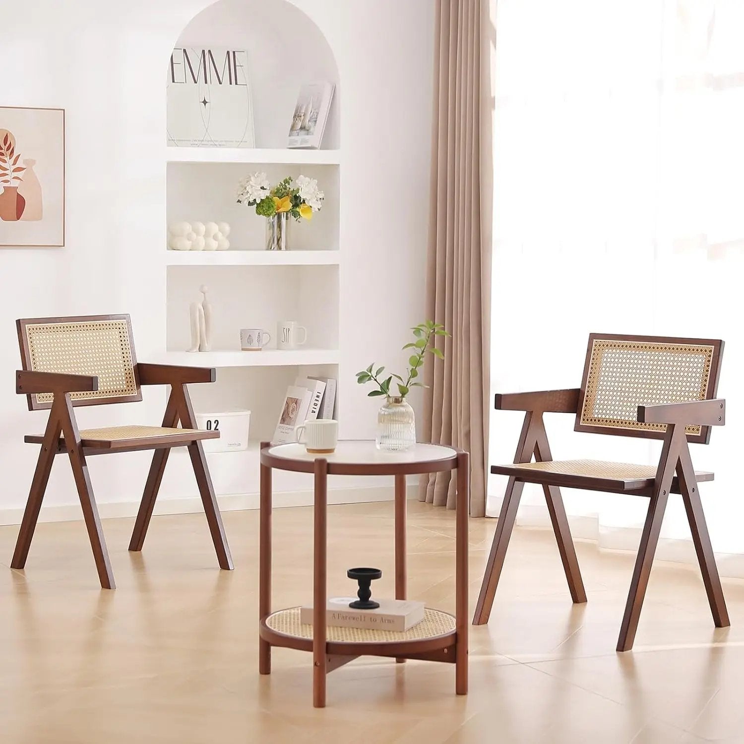 Rattan Dining Chairs Set of 2, Mid Century Modern Armchairs, Wooden Kitchen Chairs for Dining Room, Living Room, Walnut ShipItFurniture